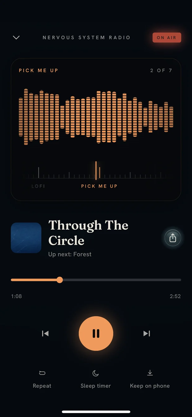 NS Radio playing: the On Air lamp, the station dial and the track.